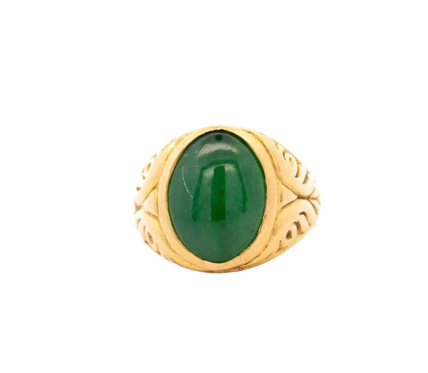 Grade A Jadeite Jade in 22K Carved Gold Solitaire Bezel Set Unisex Ring