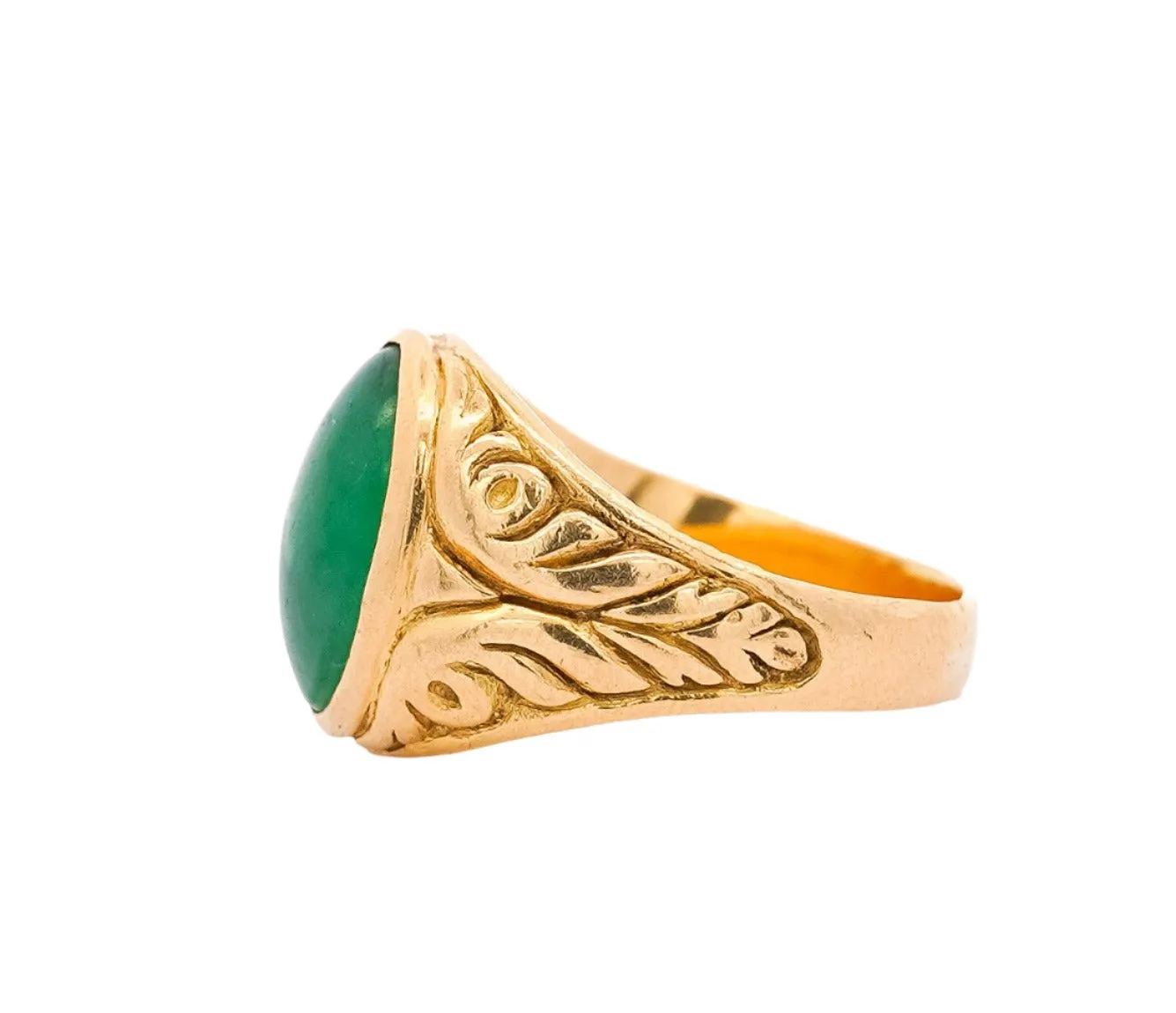 Grade A Jadeite Jade in 22K Carved Gold Solitaire Bezel Set Unisex Ring