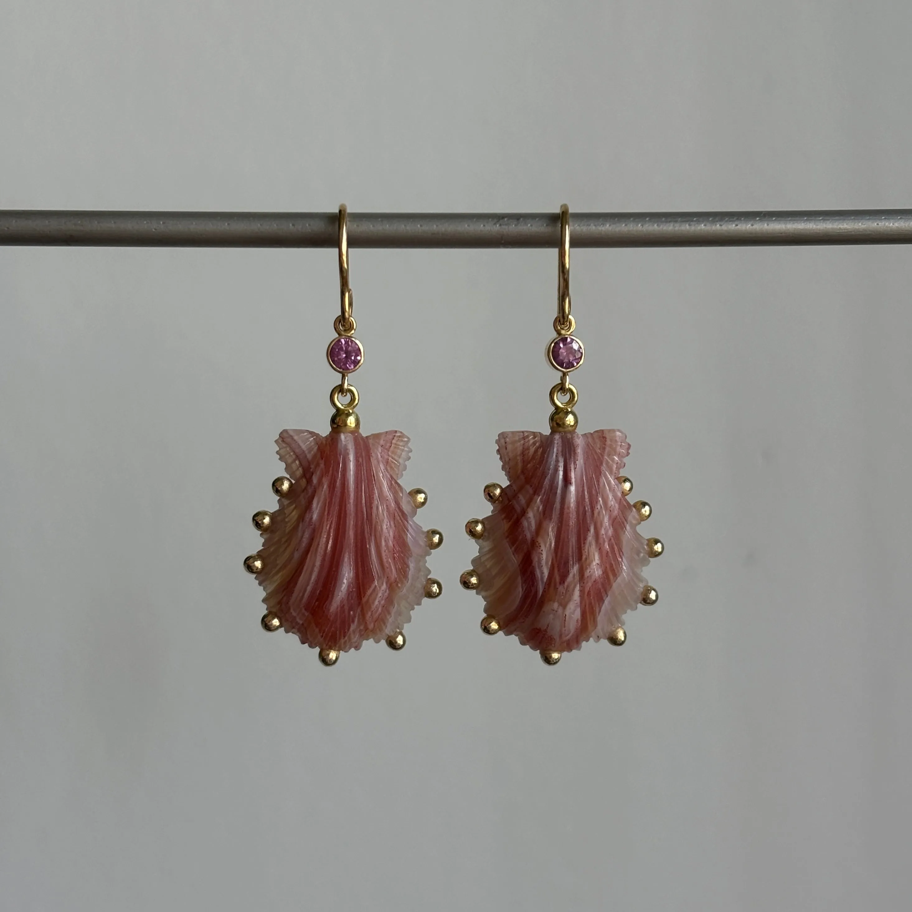 Hand Carved Laguna Agate Pink Sapphire Scallop Earrings