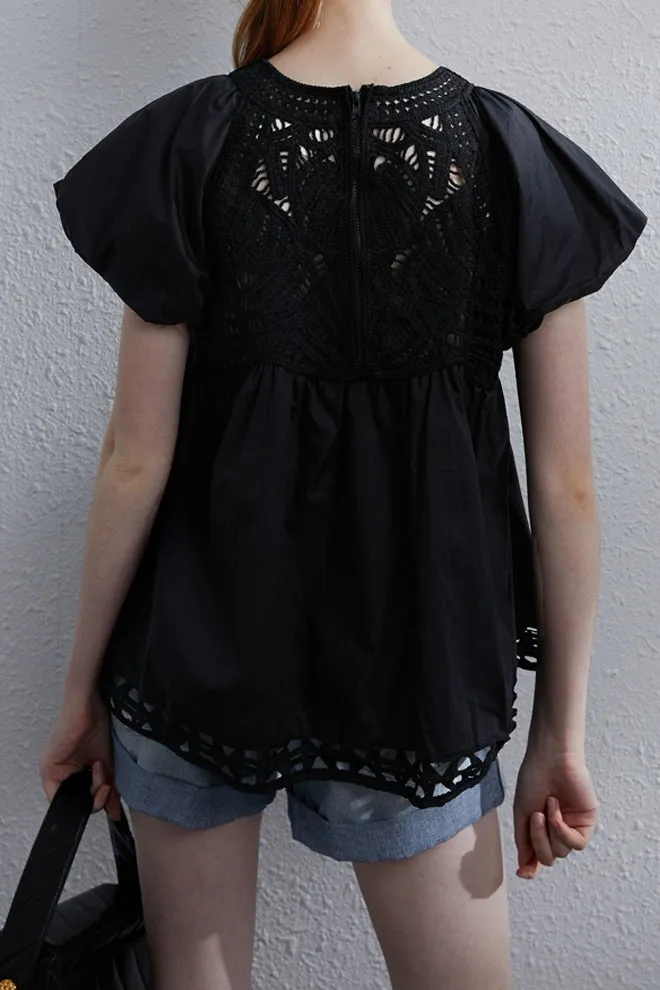 Hollow Out Lace Bubble Sleeve Top