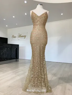 Honey Couture GRETA Gold Lace & Glitter Overlay Mermaid Formal Gown Dress