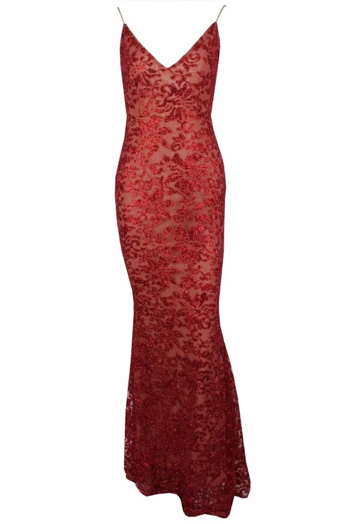 Honey Couture GRETA Red Lace & Glitter Overlay Mermaid Formal Gown Dress