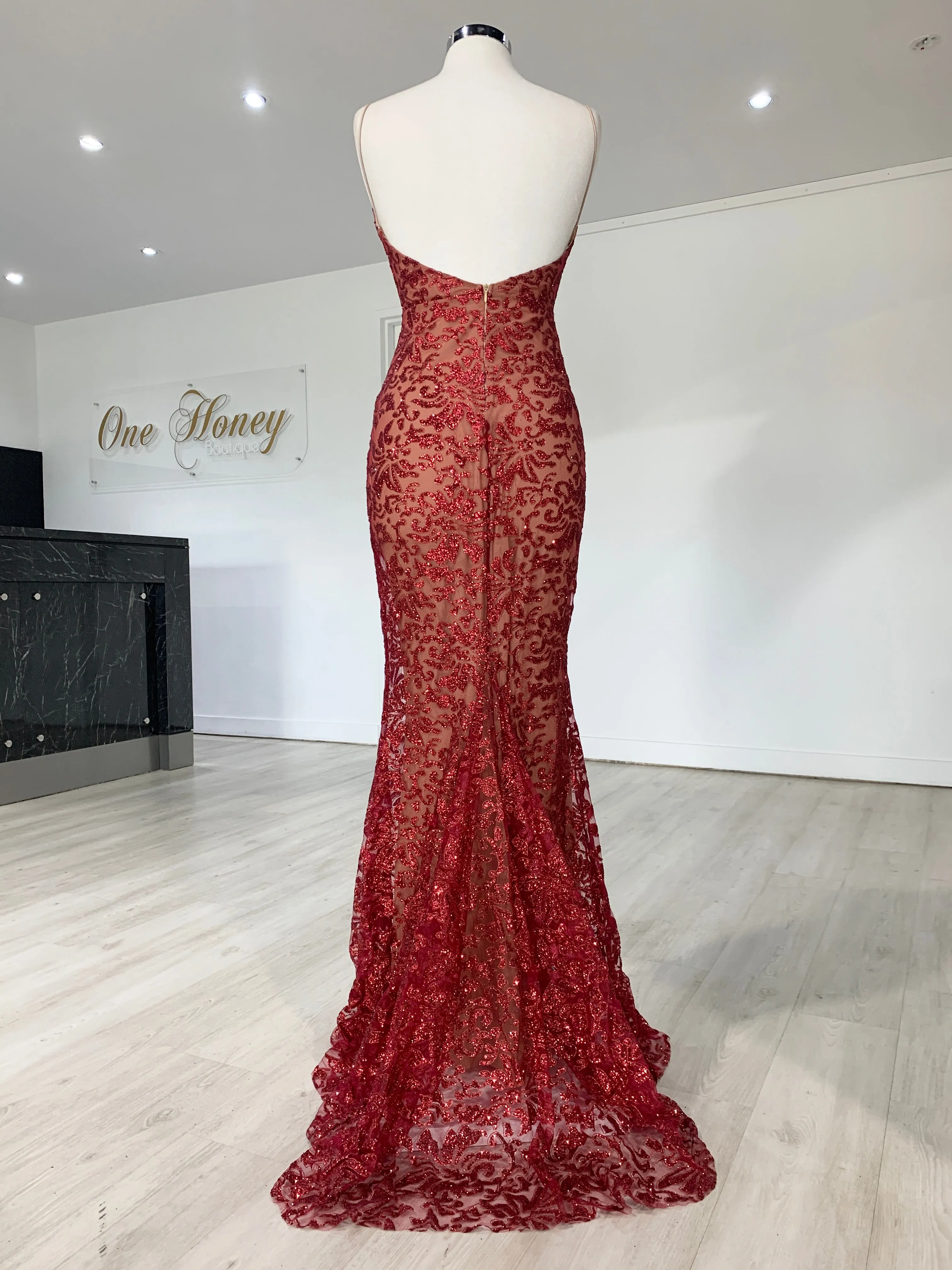 Honey Couture GRETA Red Lace & Glitter Overlay Mermaid Formal Gown Dress