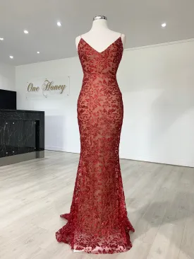 Honey Couture GRETA Red Lace & Glitter Overlay Mermaid Formal Gown Dress