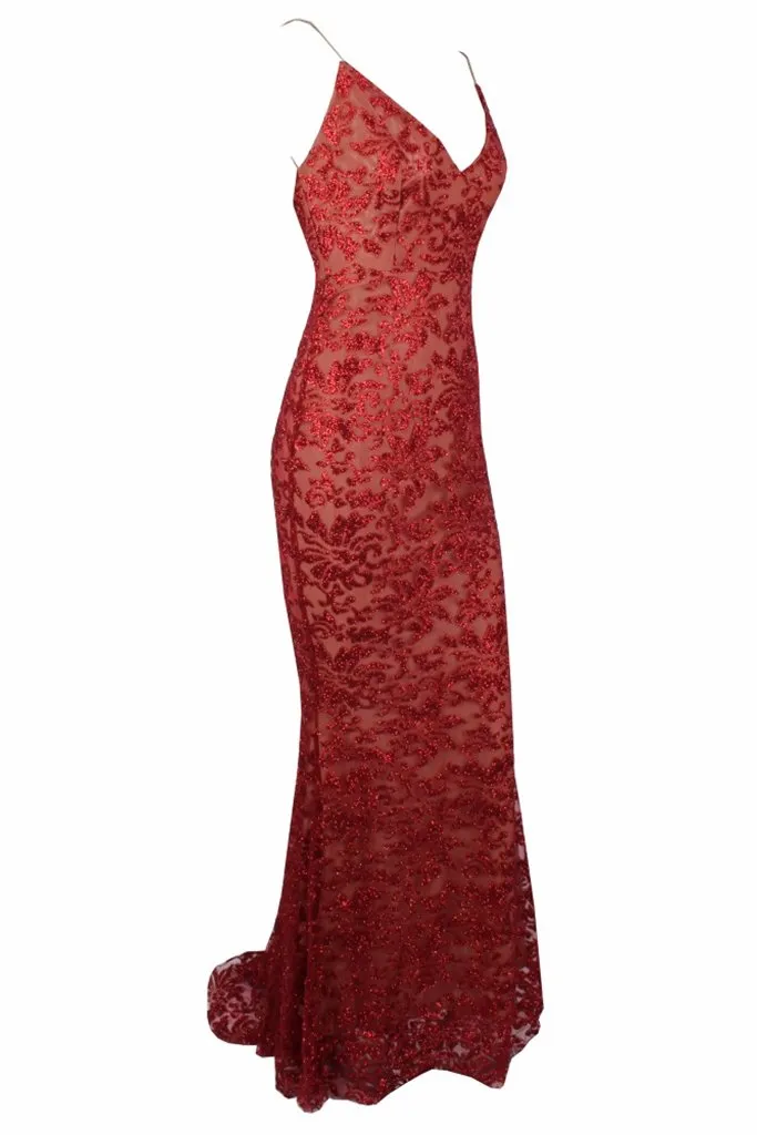 Honey Couture GRETA Red Lace & Glitter Overlay Mermaid Formal Gown Dress