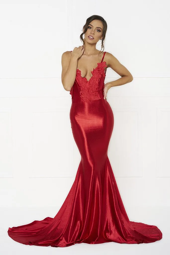 Honey Couture PENELOPE Red Applique Formal Gown Dress