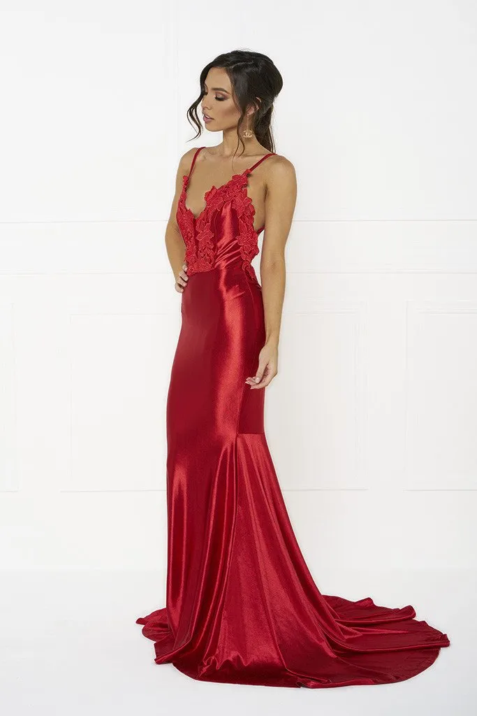 Honey Couture PENELOPE Red Applique Formal Gown Dress