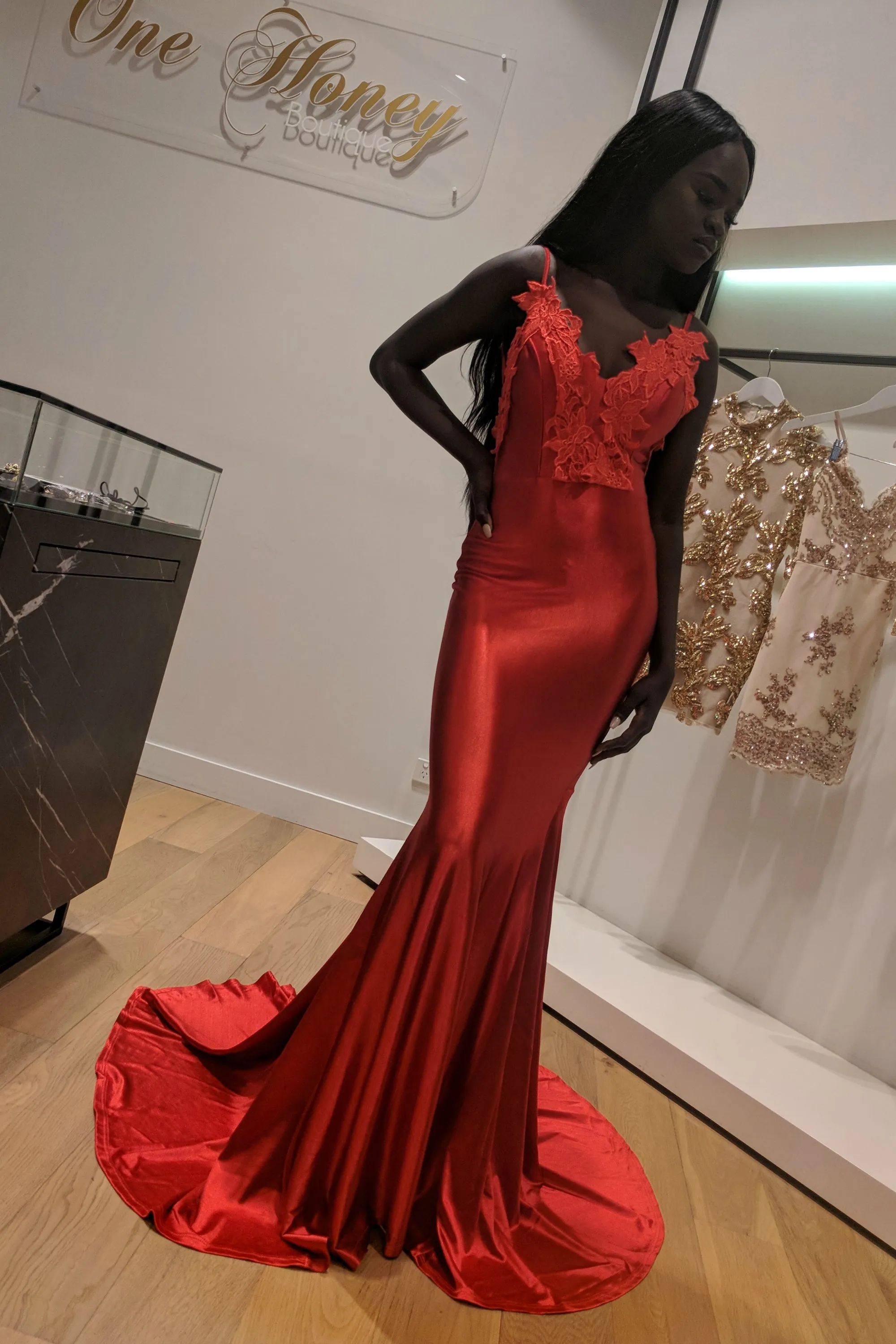 Honey Couture PENELOPE Red Applique Formal Gown Dress