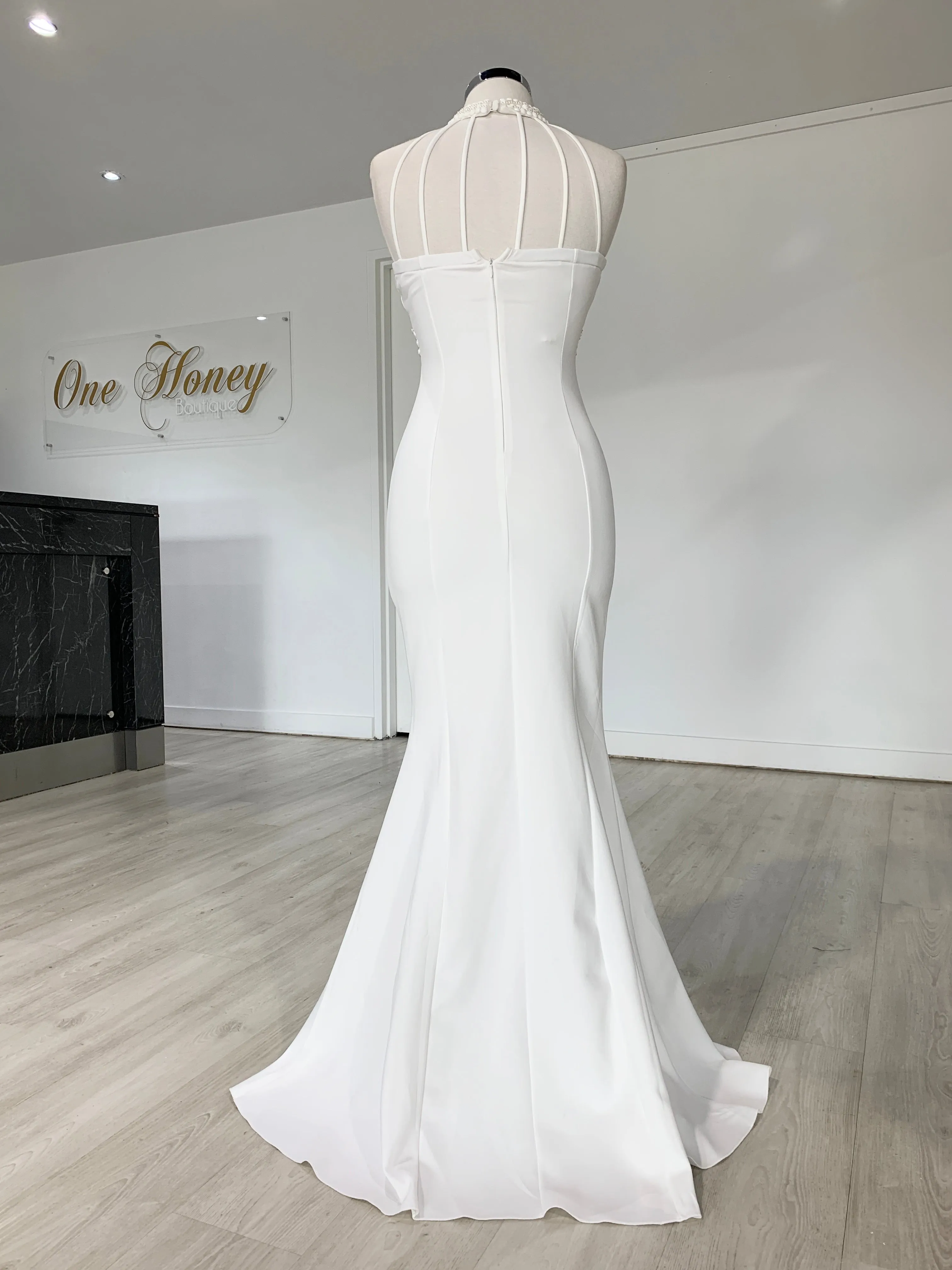 Honey Couture VALERIA White Beaded Halter Formal Gown