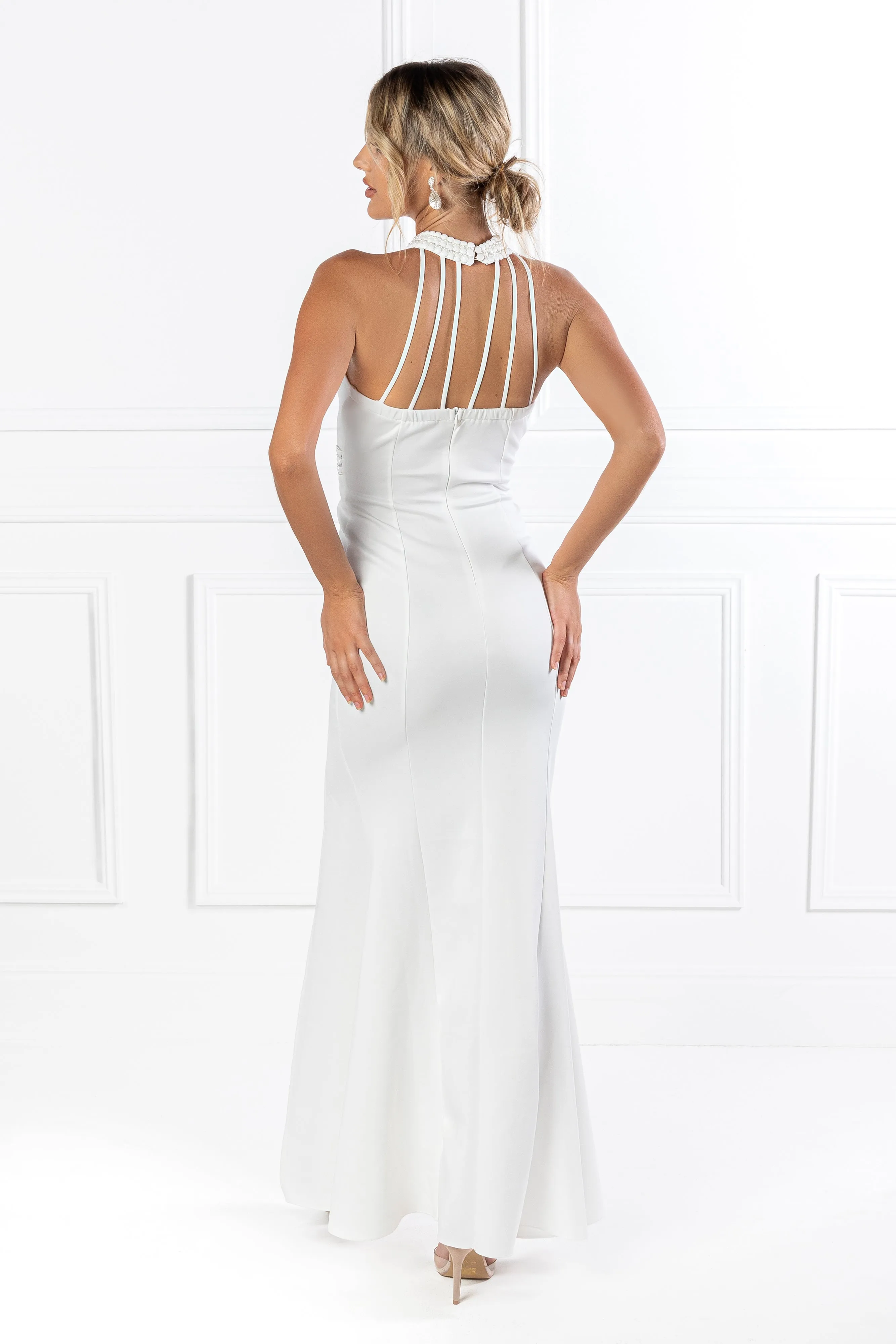 Honey Couture VALERIA White Beaded Halter Formal Gown