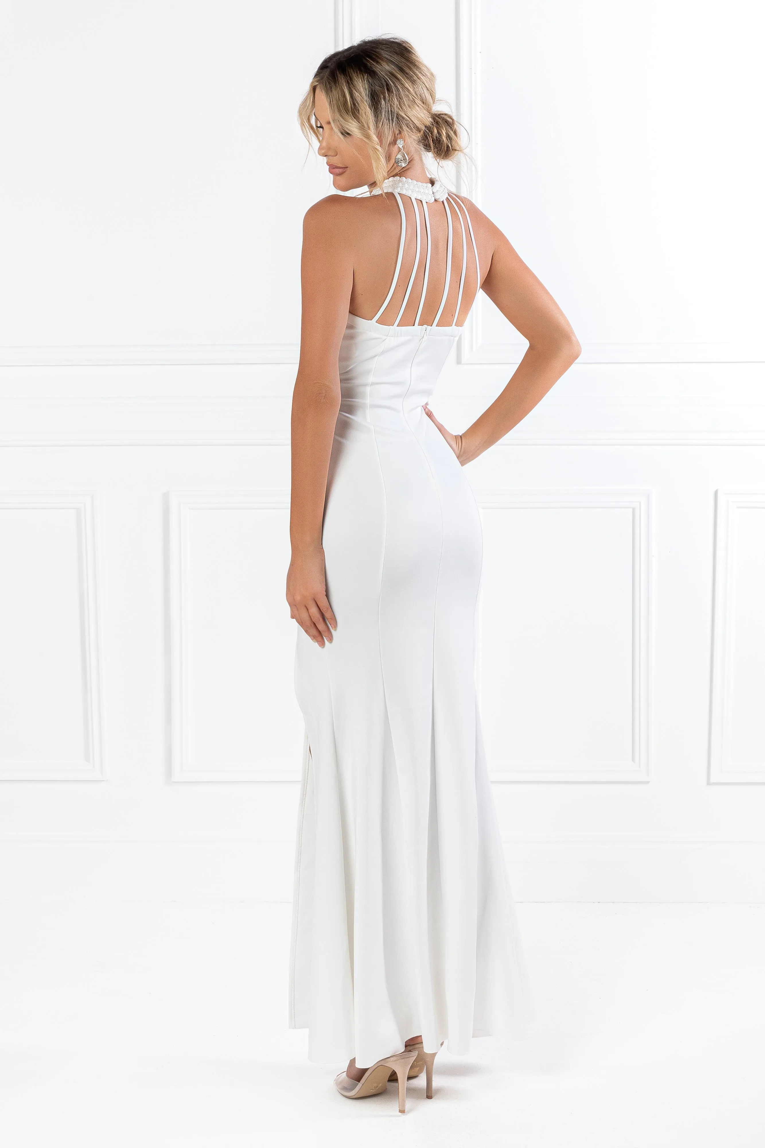 Honey Couture VALERIA White Beaded Halter Formal Gown