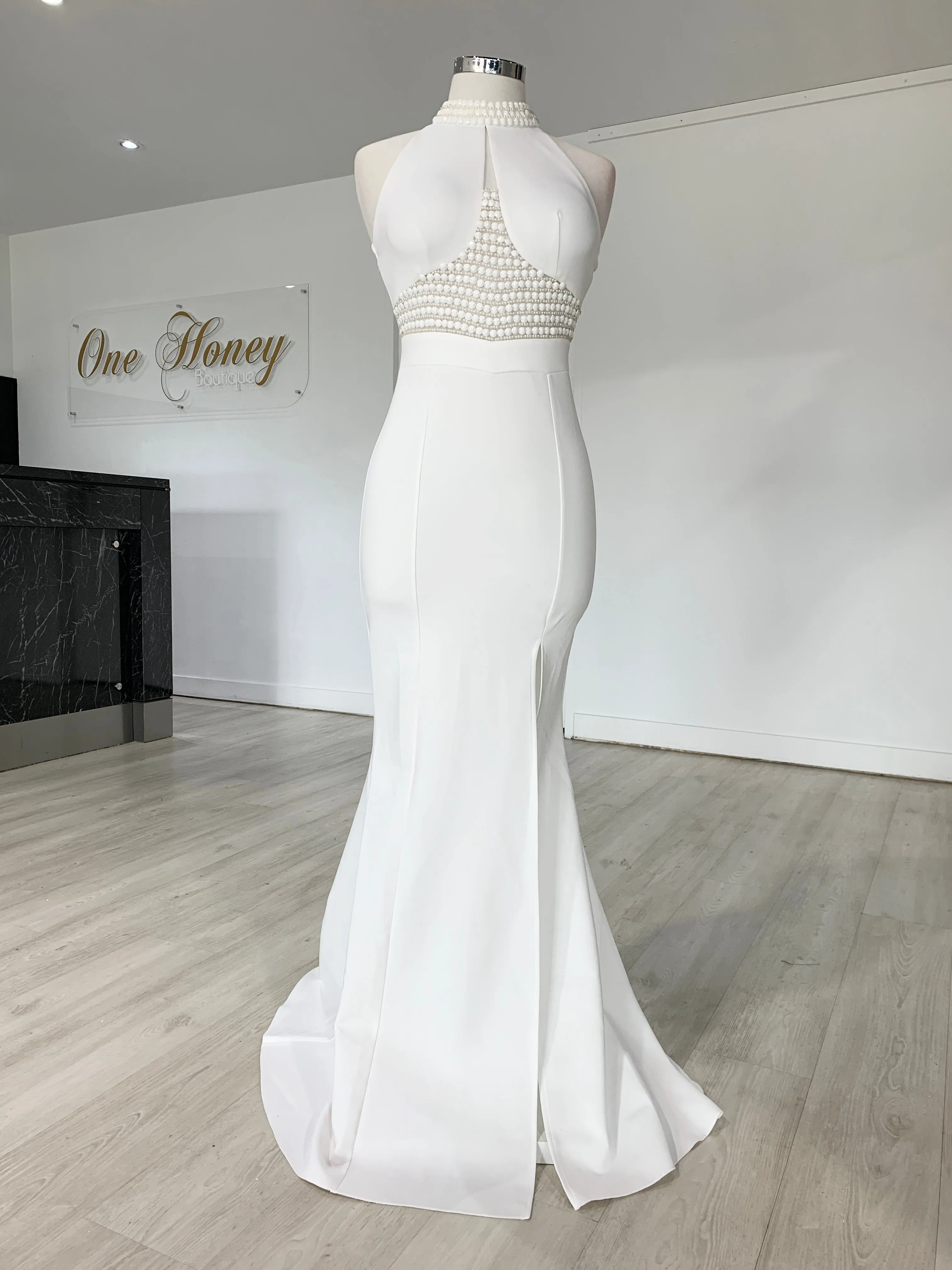 Honey Couture VALERIA White Beaded Halter Formal Gown