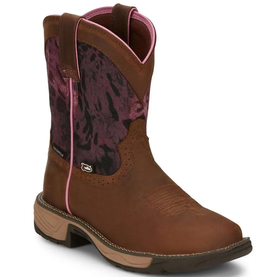 Justin Ladies 8" Rush Harvest Brown Water Buffalo (SE4358) w/Pink Camo Top Waterproof Square Toe Cowgirl Boot