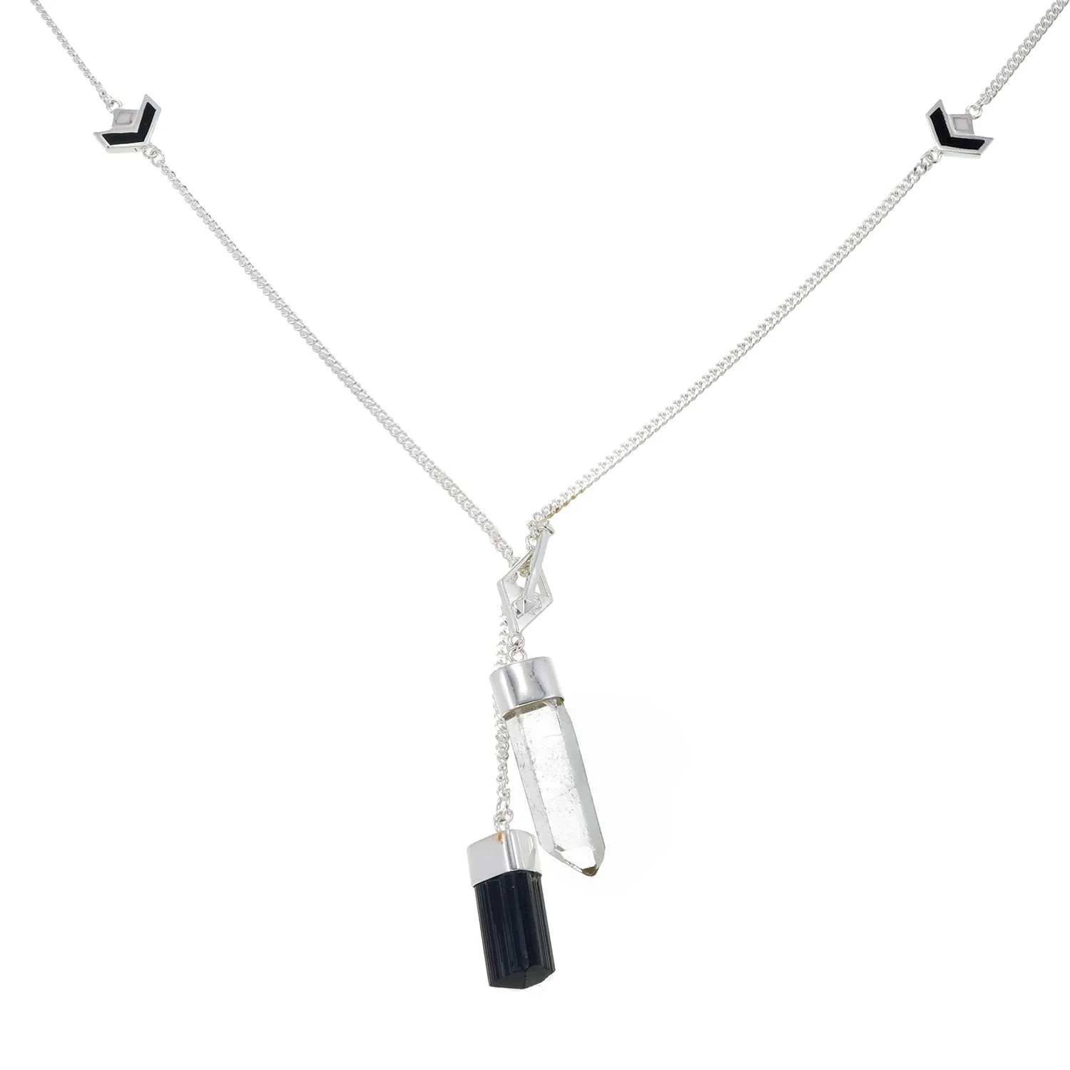 LONG CRYSTAL NECKLACE WITH CHEVRON DETAIL - QUARTZ & BLACK TOURMALINE - SILVER