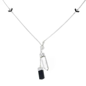 LONG CRYSTAL NECKLACE WITH CHEVRON DETAIL - QUARTZ & BLACK TOURMALINE - SILVER