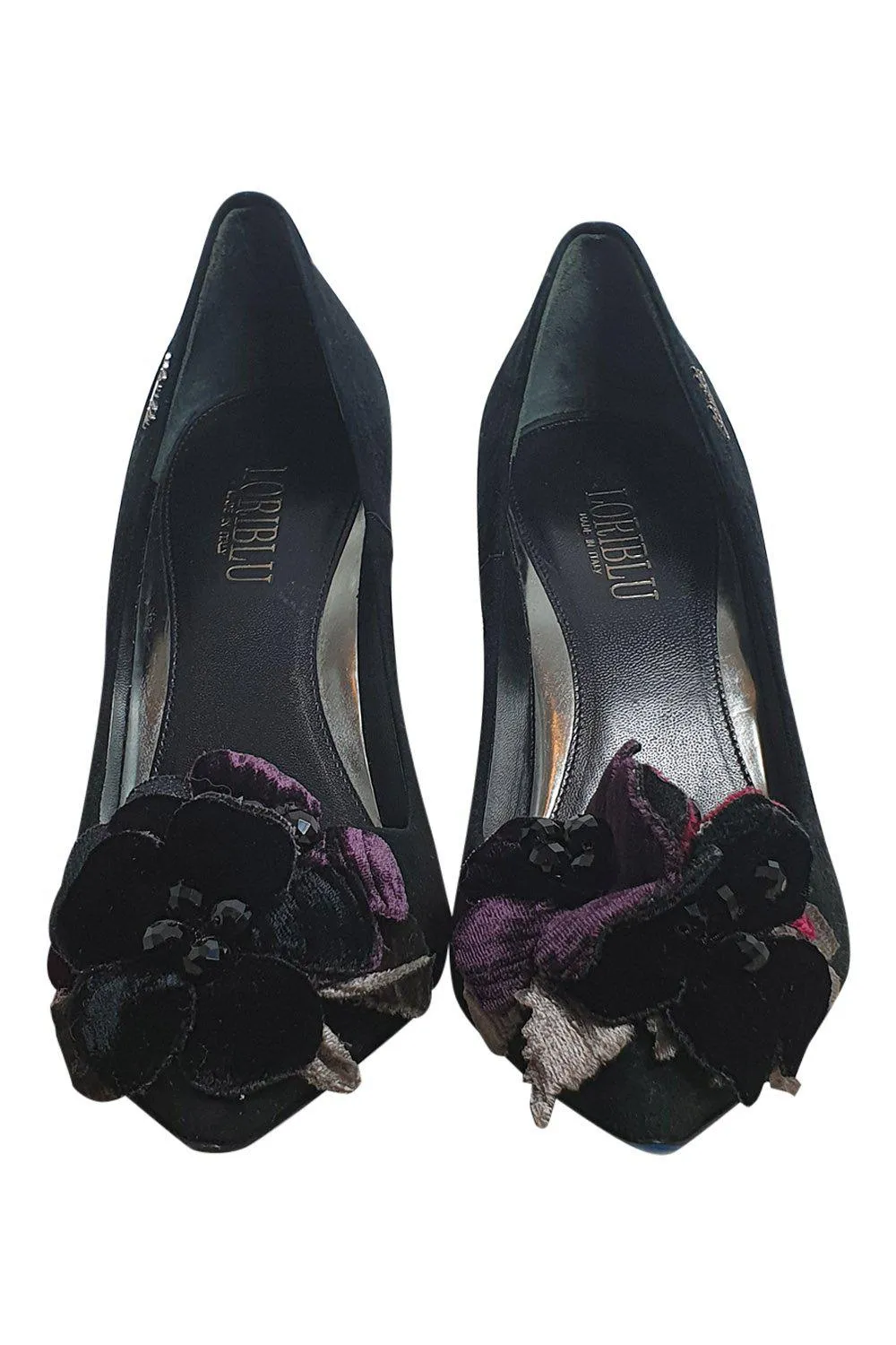 LORIBLU Black Floral Suede Pointed Toe Stiletto Heel (38)