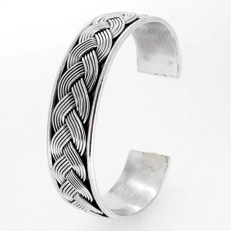 Men's Bracelet 17mm Solid Heavy 925 Silver Cuff Bangle Braided Detail | TreasureBay