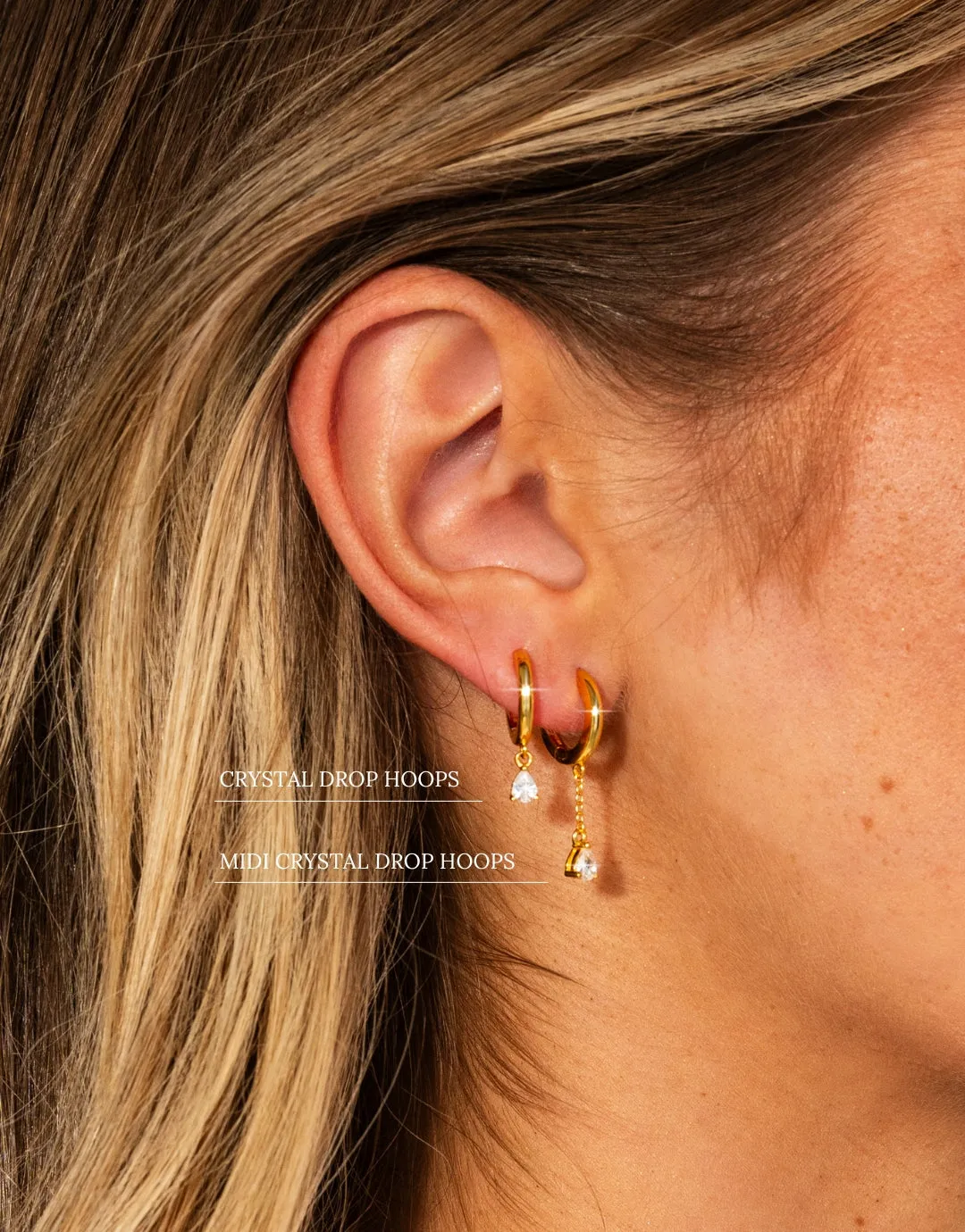 Midi Crystal Drop Hoop Earrings Gold