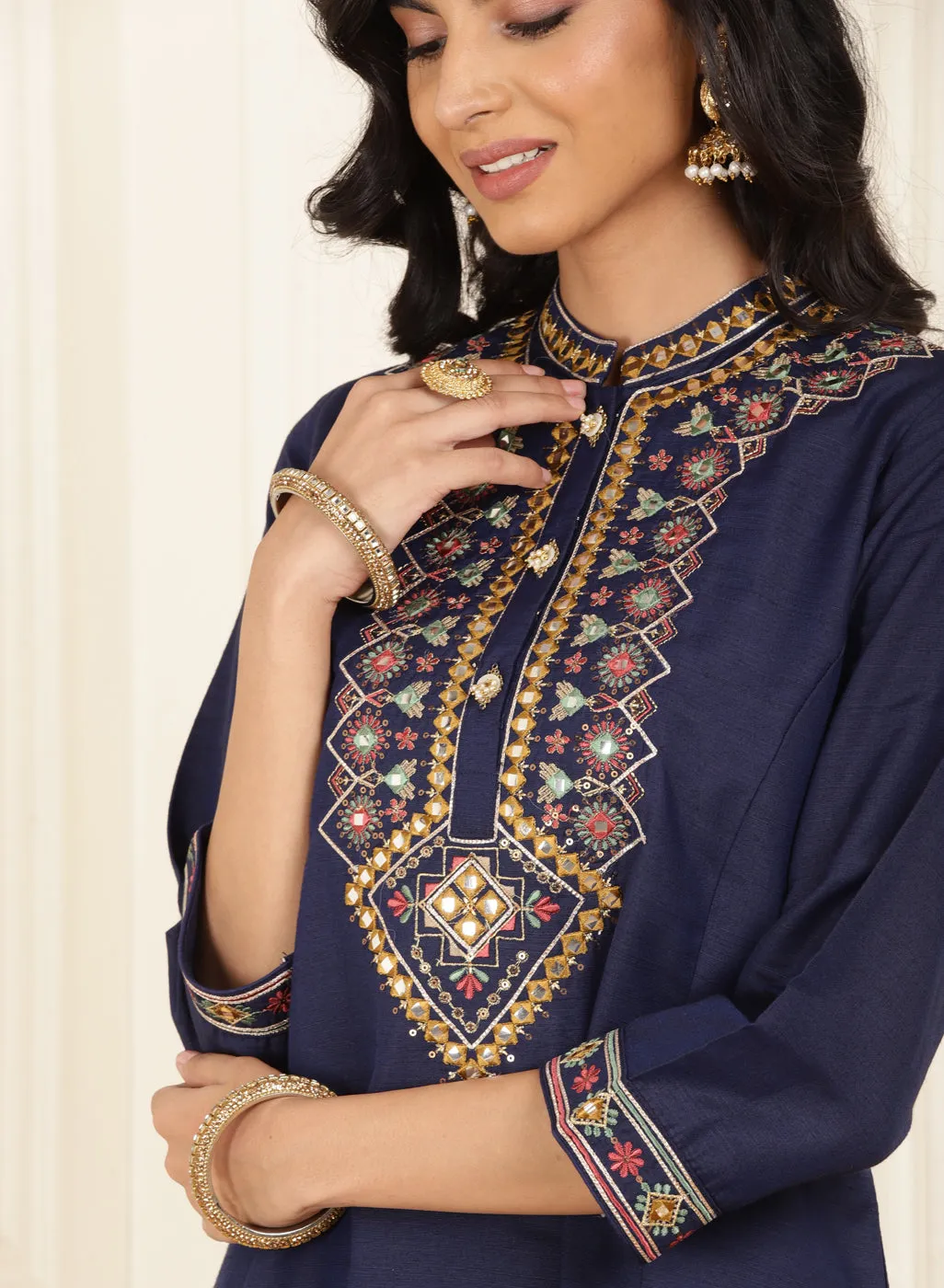 Navy Blue Embroidered Party Wear Kurta Set with Mirror Work