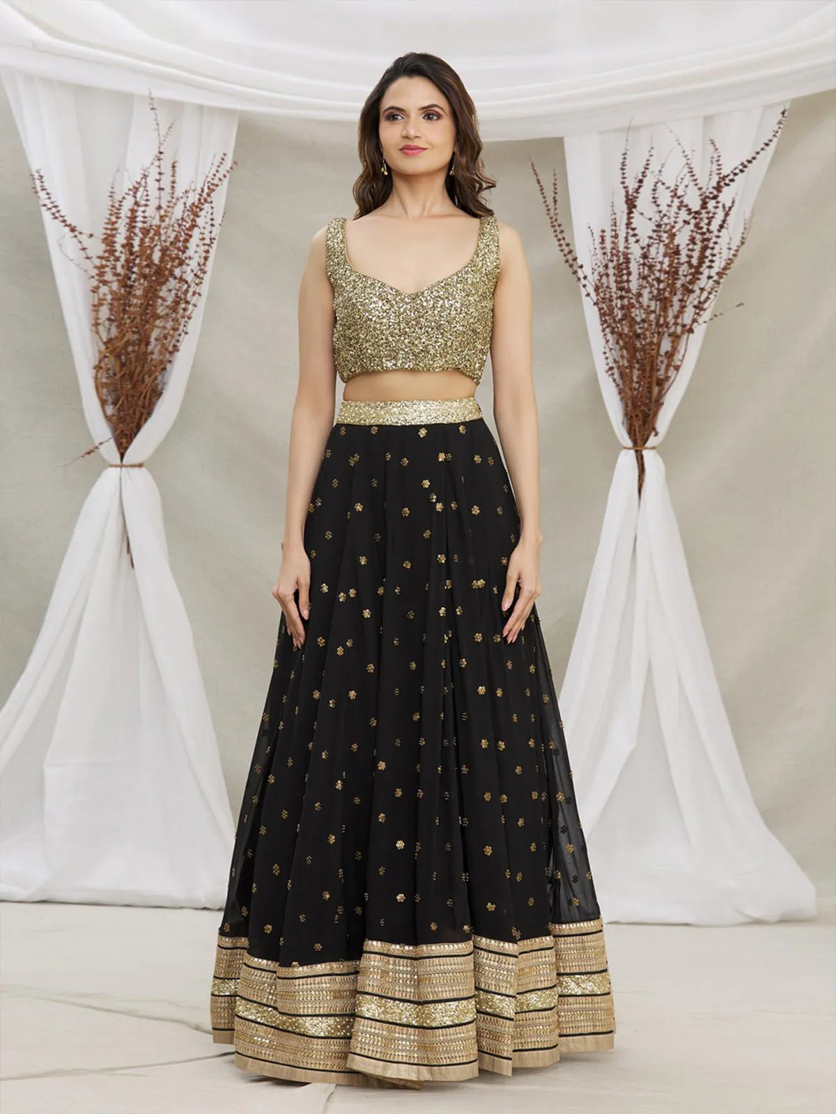 Odette Black And Gold Sequins Embroidered Semi Stitched Lehenga With Unstitched Blouse  For Women