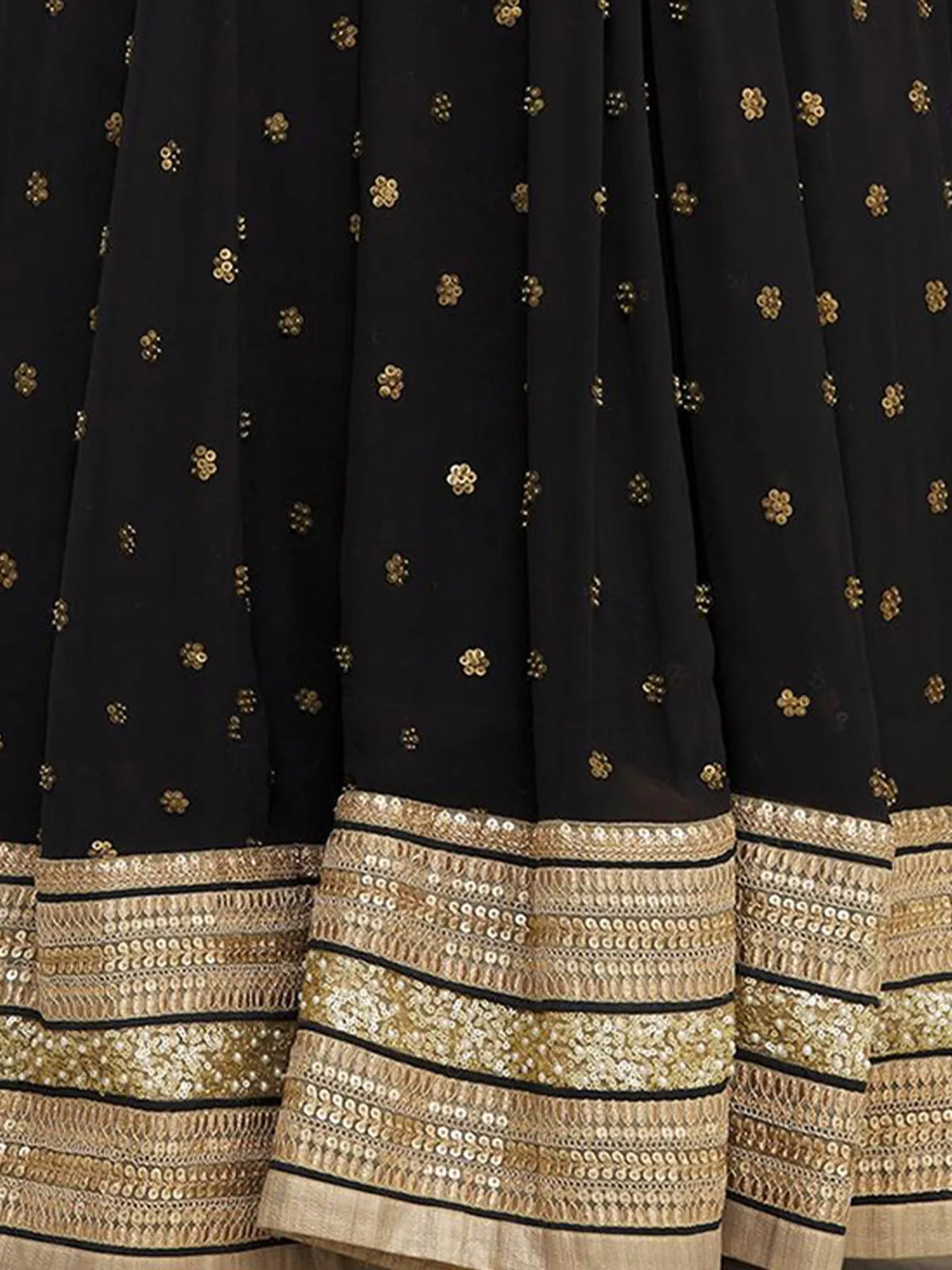 Odette Black And Gold Sequins Embroidered Semi Stitched Lehenga With Unstitched Blouse  For Women