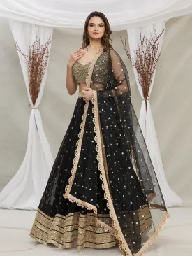 Odette Black And Gold Sequins Embroidered Semi Stitched Lehenga With Unstitched Blouse  For Women