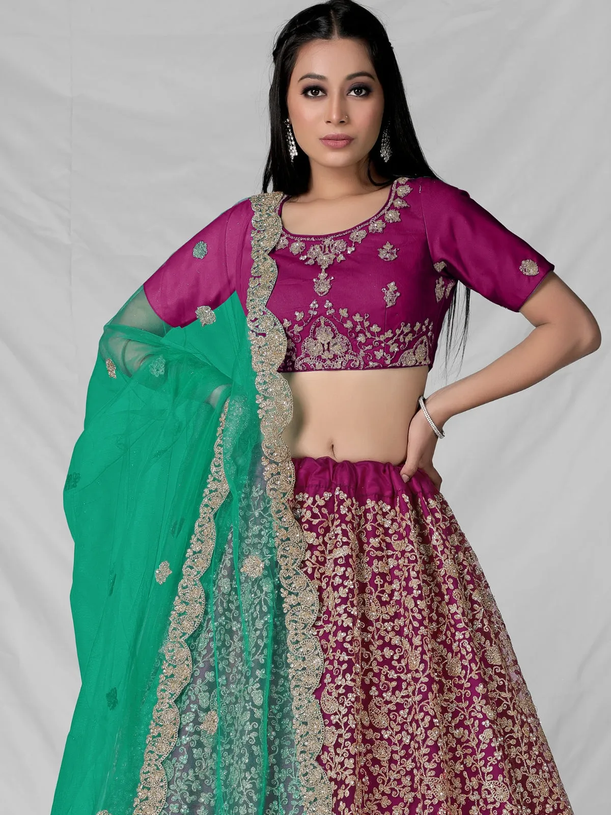 Odette  Magenta Soft Net Semi Stitched  Lehenga With Unstitched Blouse For Women