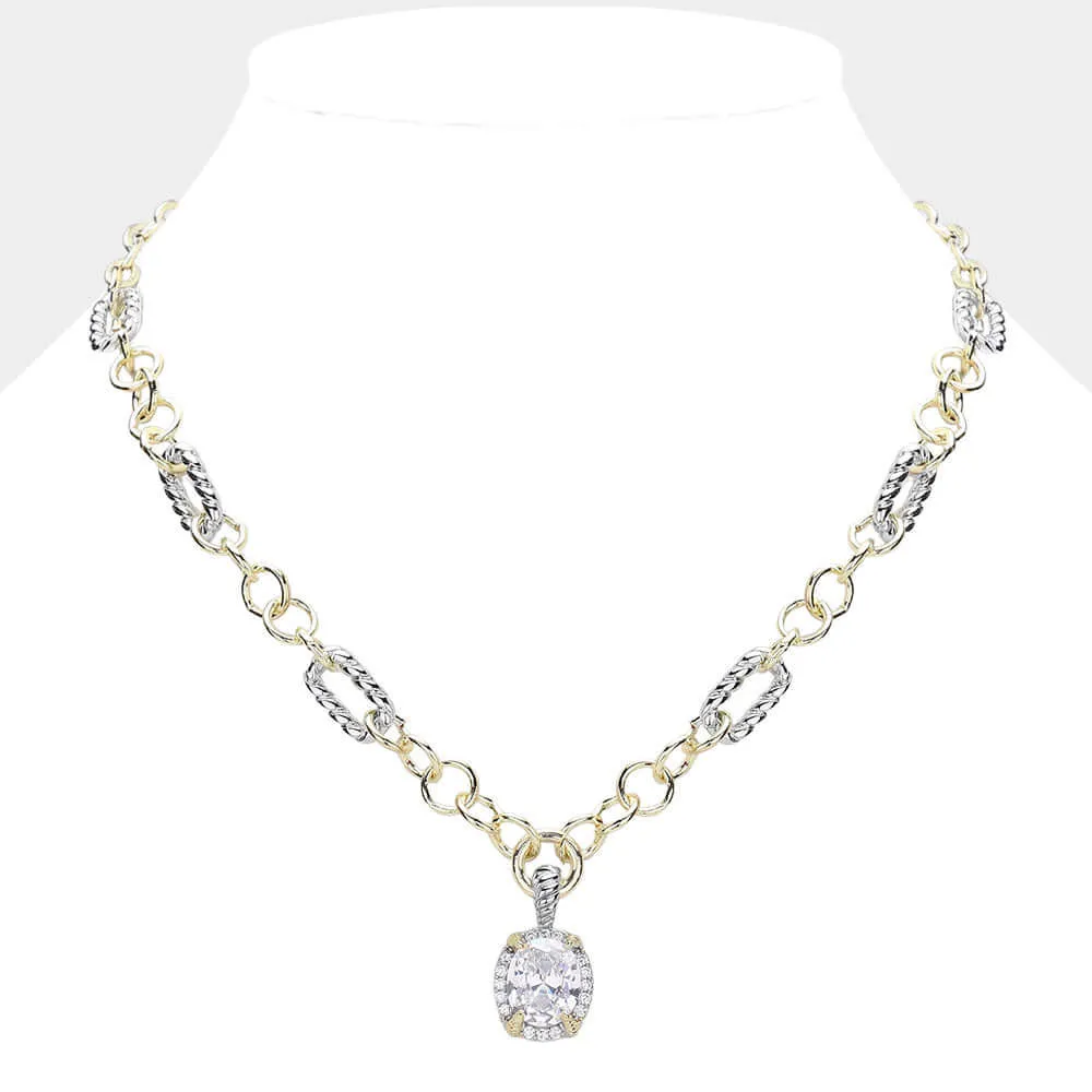 Oval CZ Pendant  14K Gold Plated Two Tone Chunky Necklace