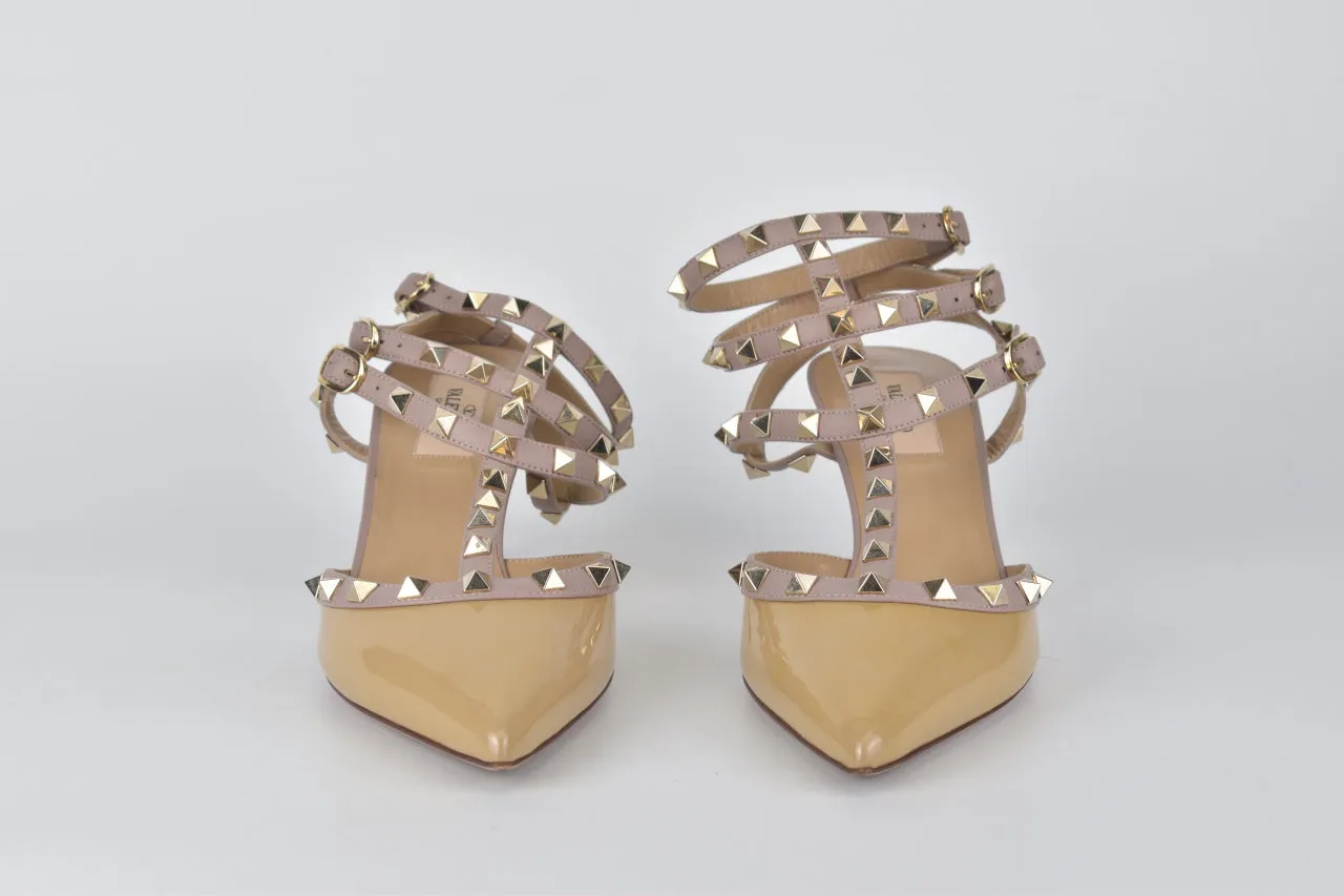 Patent Rockstud Caged Heels in Nude