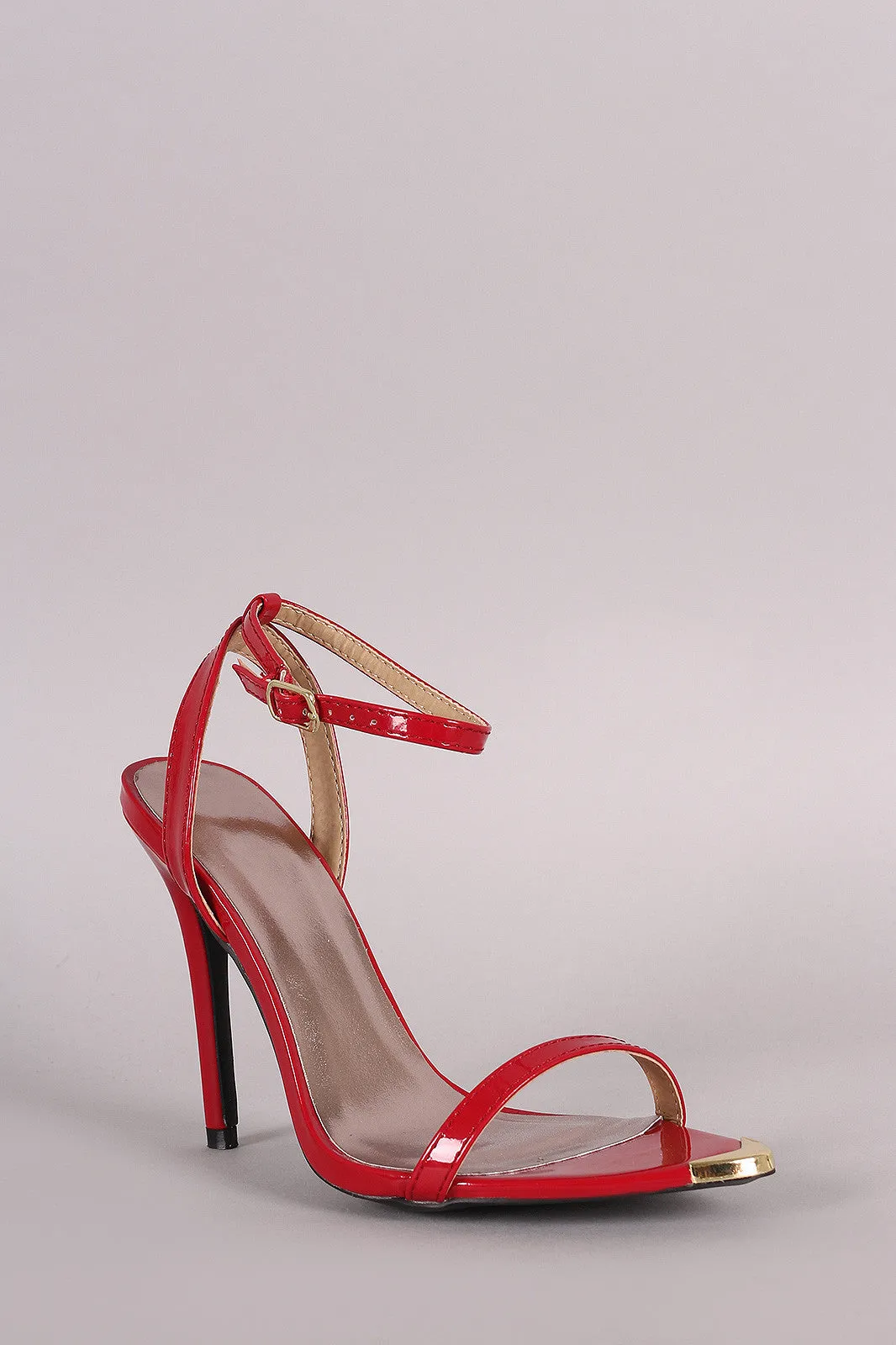 Qupid Patent Gold Tip Ankle Strap Stiletto Heel