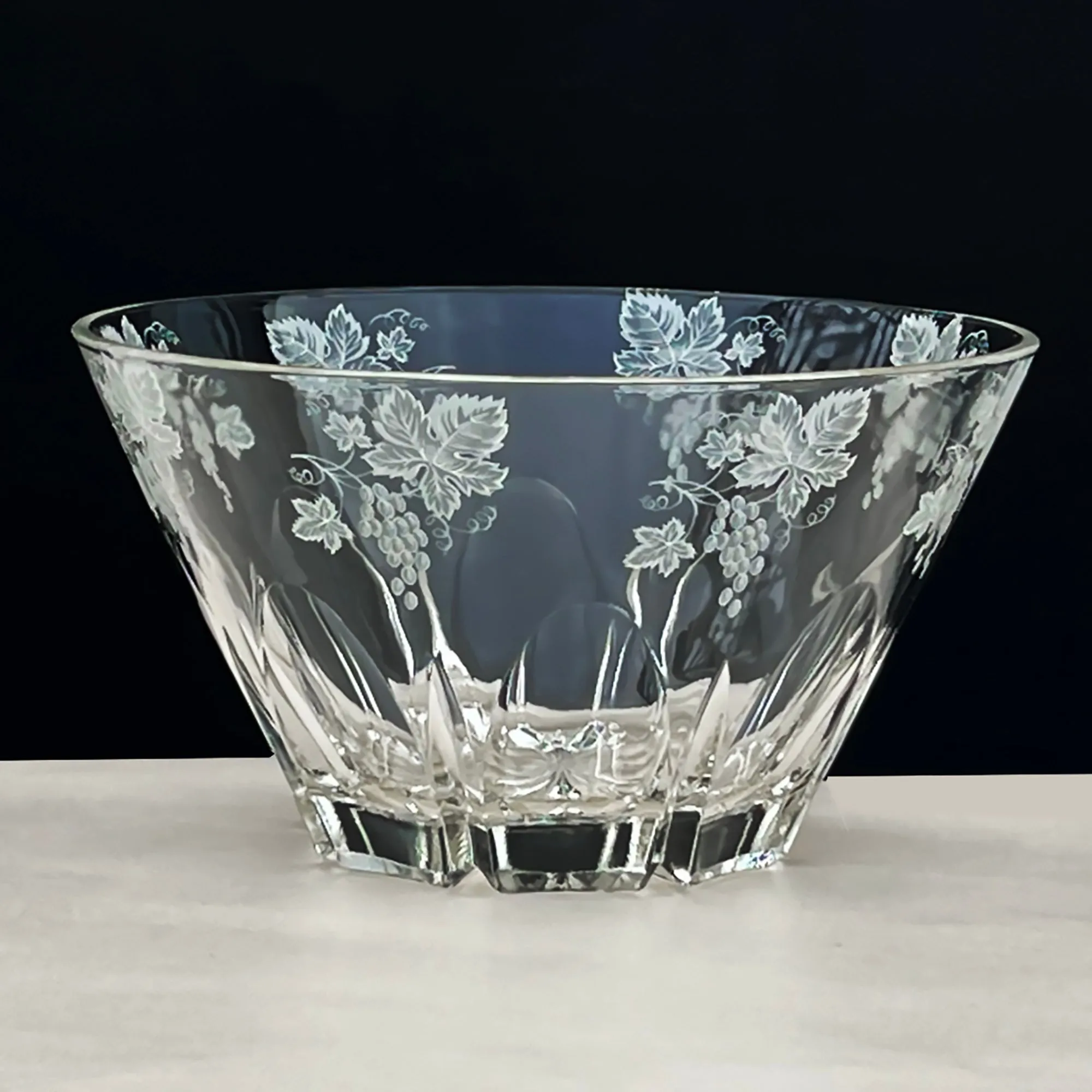 RARE Lead Crystal Round Serving Bowl by JAVIT - Etched Grapes, Leaves