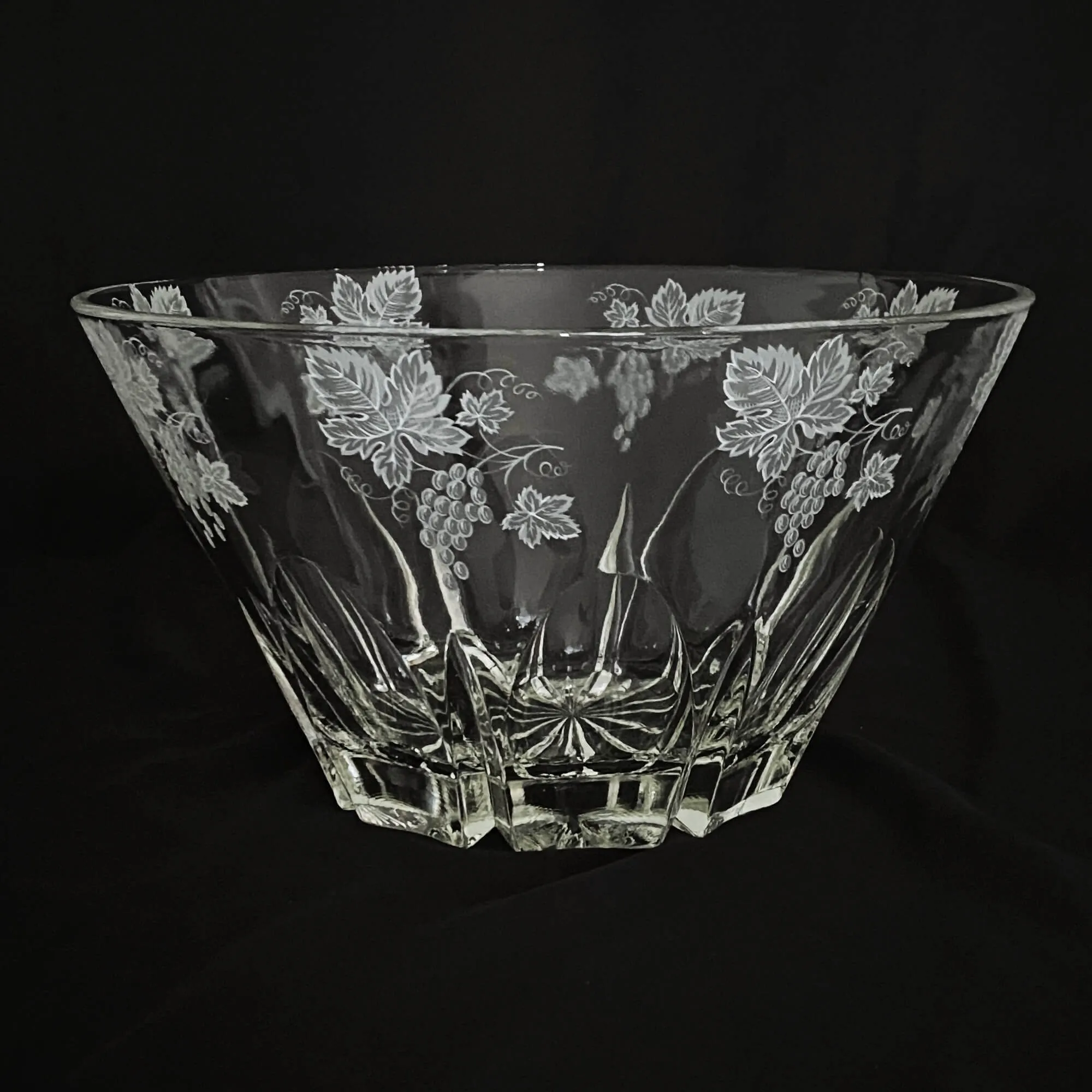 RARE Lead Crystal Round Serving Bowl by JAVIT - Etched Grapes, Leaves