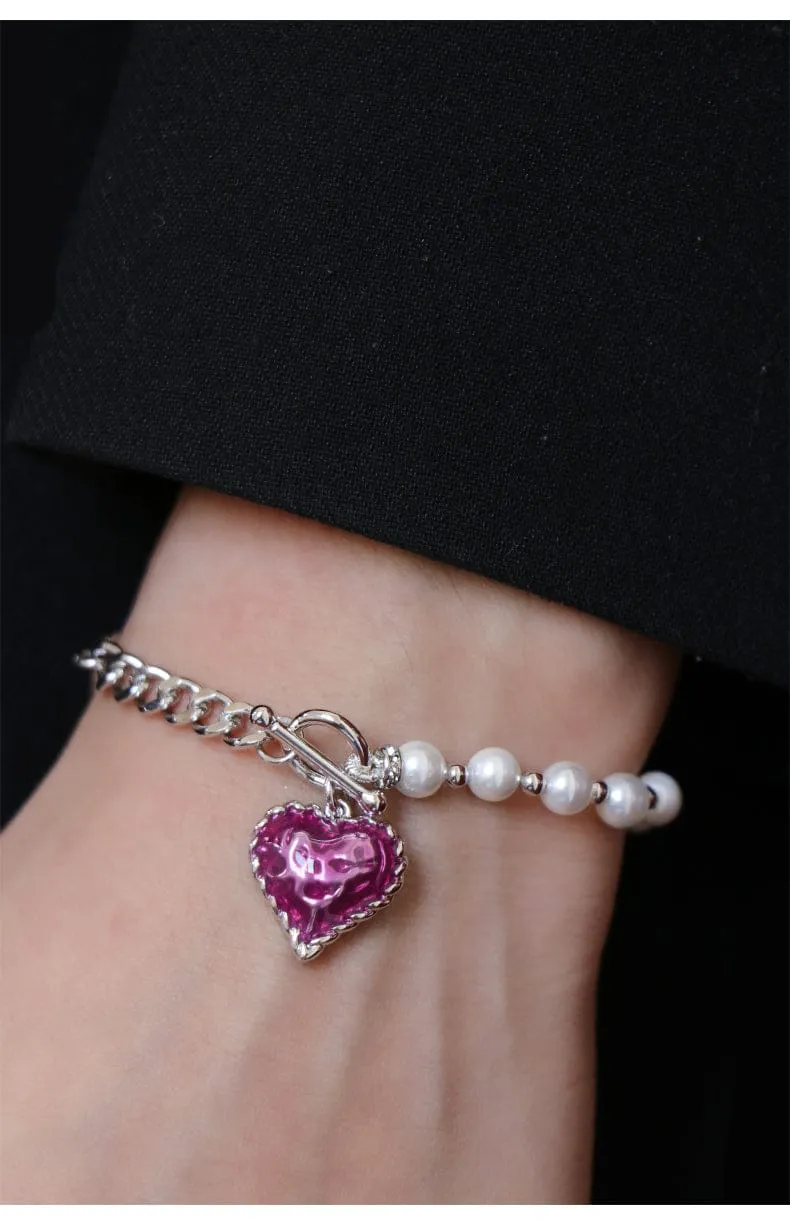 Sahi Heart Enameled Pearl Chain & Link Bracelet