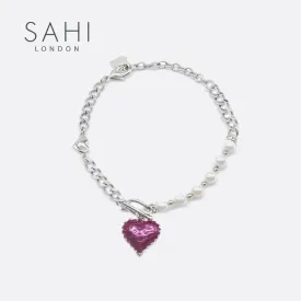 Sahi Heart Enameled Pearl Chain & Link Bracelet