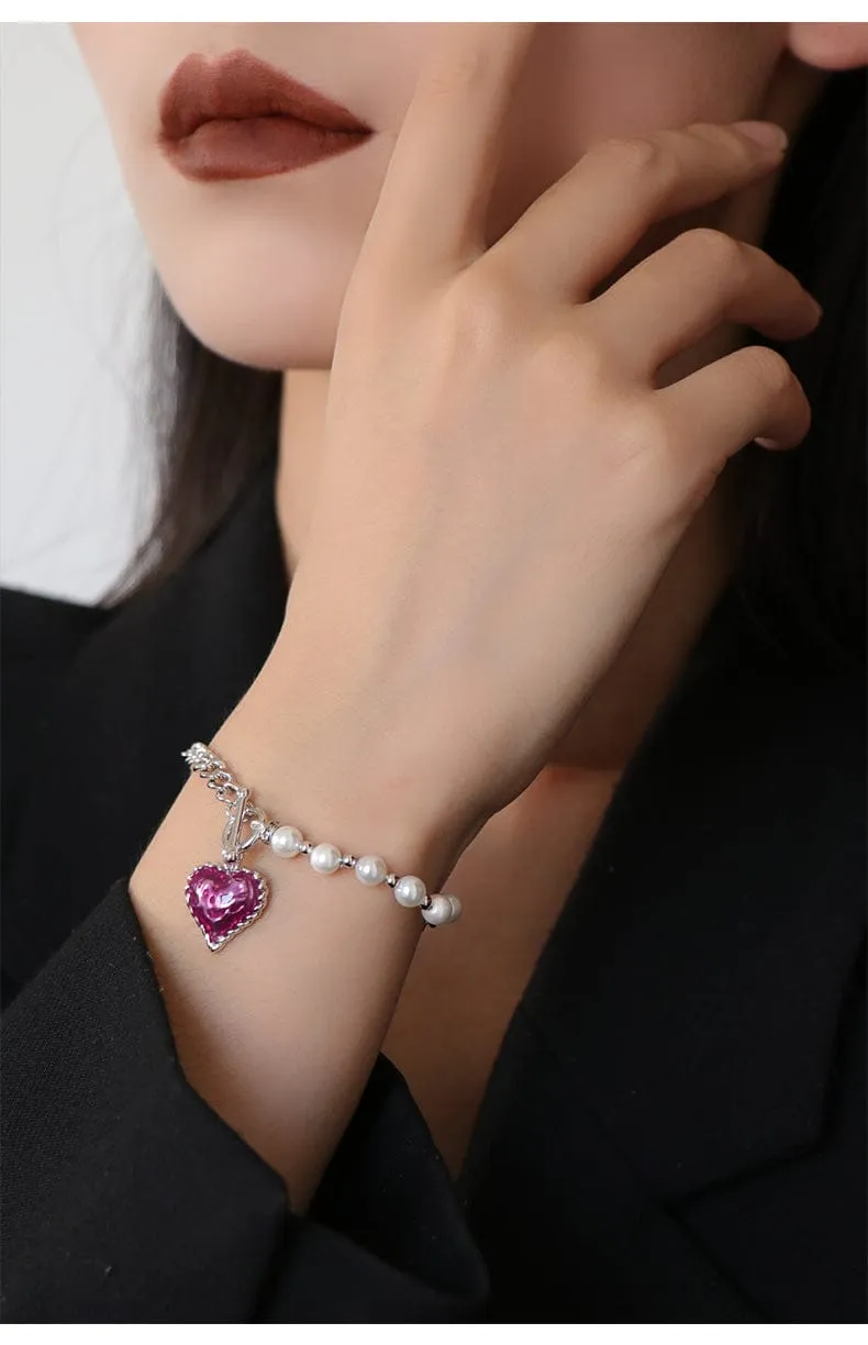 Sahi Heart Enameled Pearl Chain & Link Bracelet