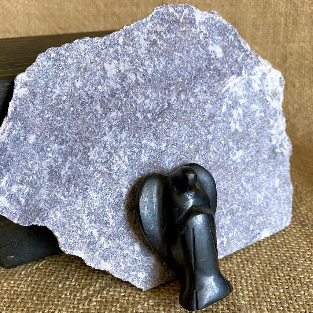 Shungite Angel on Lepidolite Slab, River Tumbled Shungite, Amethyst