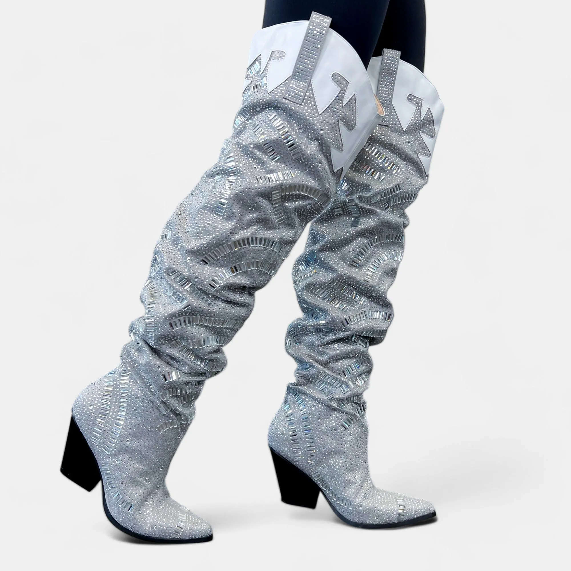 Silver Rhinestone Western Slouchy Boots