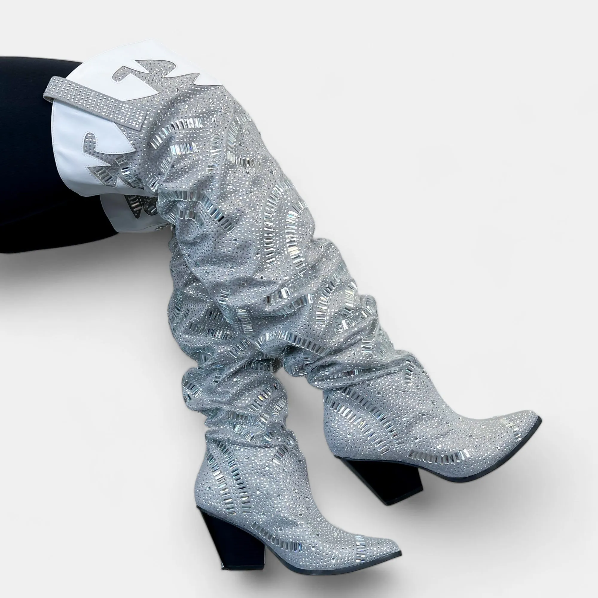 Silver Rhinestone Western Slouchy Boots