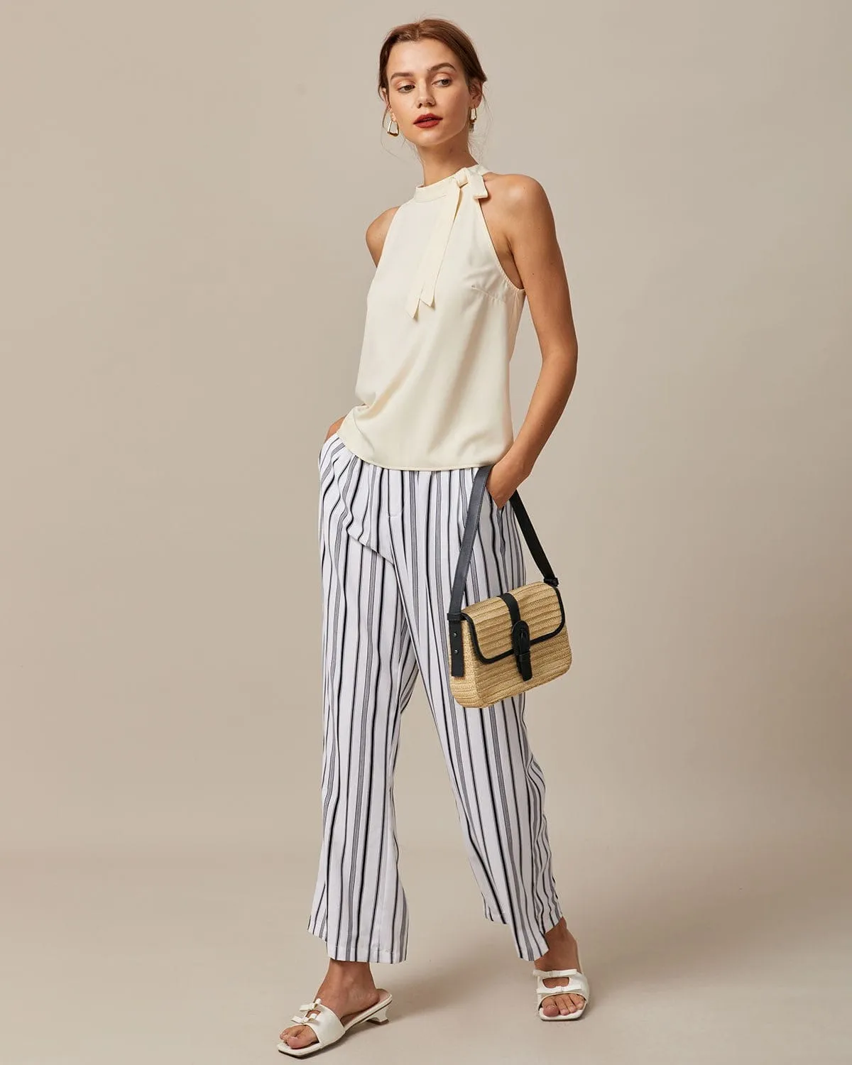 The Black Elastic Waist Striped Button Pants