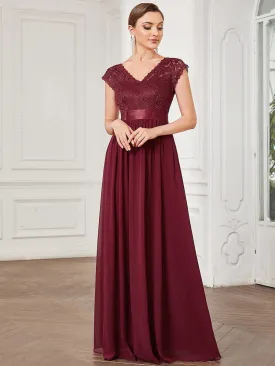 V-Neck Lace Empire Waist Short Sleeve Chiffon Evening Dress