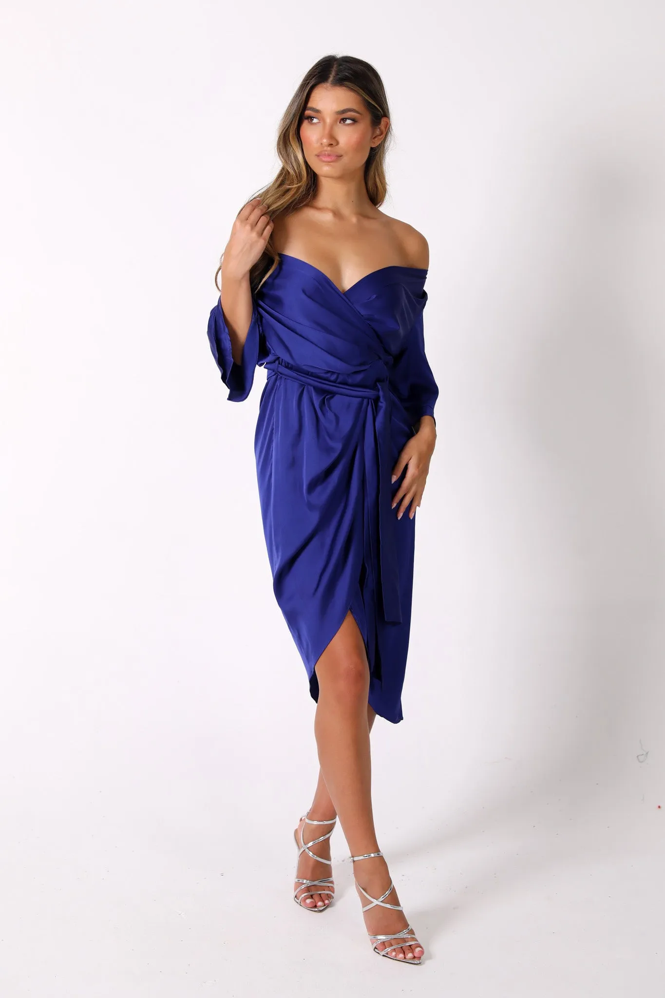 Vittoria Satin Off The Shoulder Wrap Dress in Royal Blue