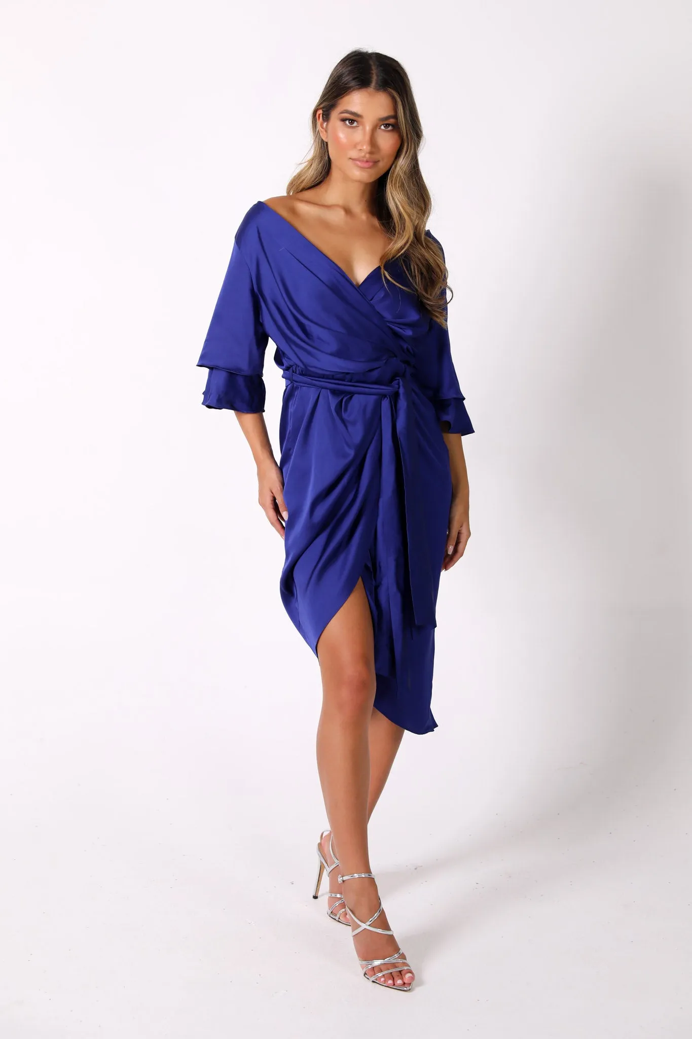 Vittoria Satin Off The Shoulder Wrap Dress in Royal Blue