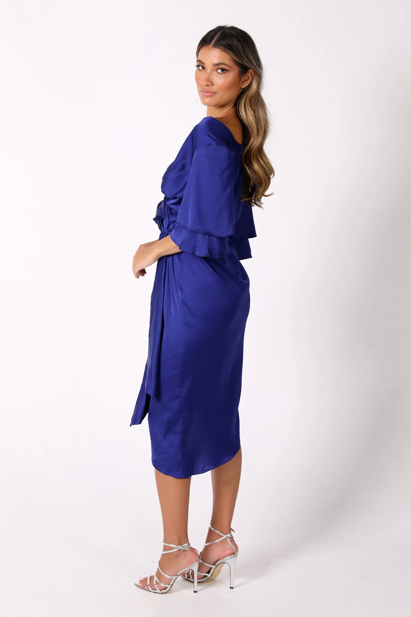 Vittoria Satin Off The Shoulder Wrap Dress in Royal Blue