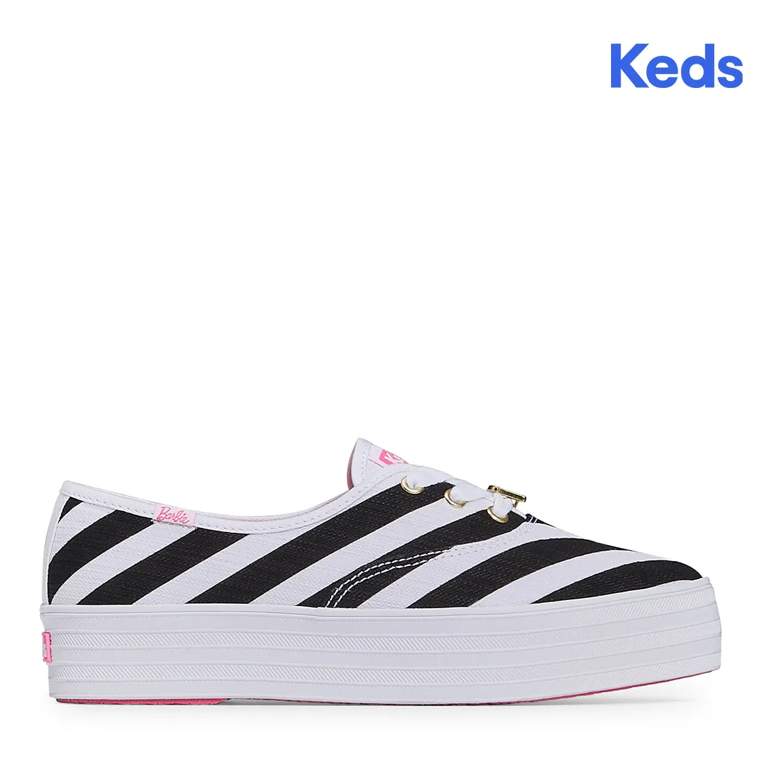 Women's Barbie Point Striped Textured Canvas Sneaker Black/White (WF68063)