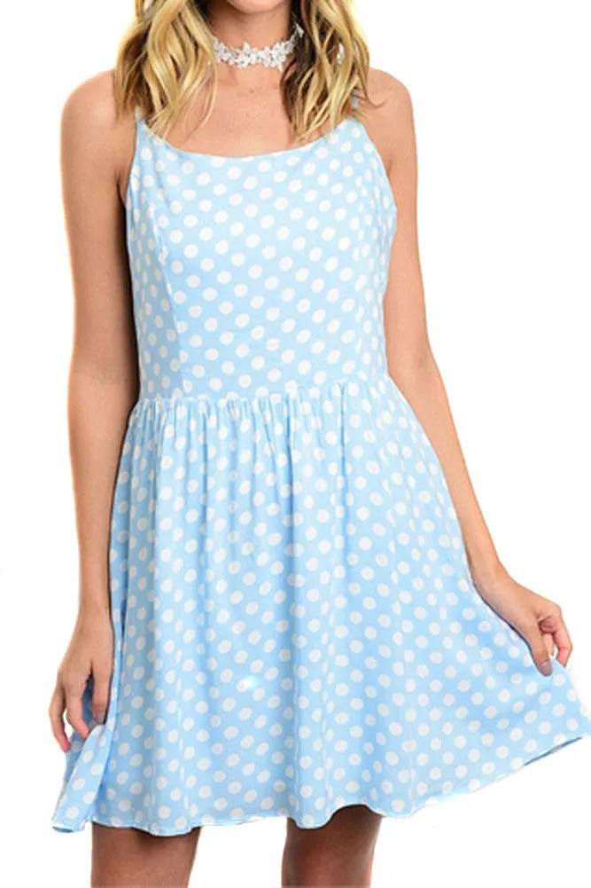 Womens Blue Polka Dot Strappy Open Back Cocktail Dress